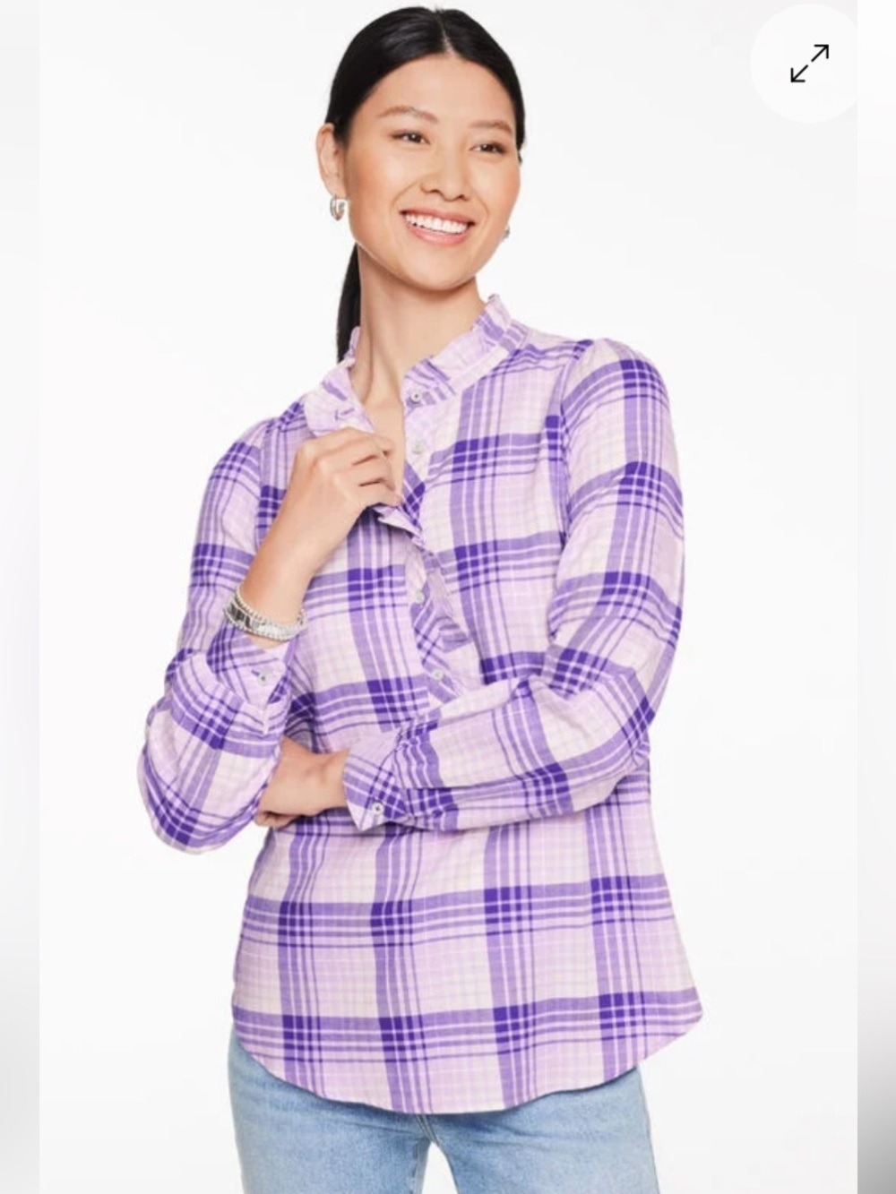 Talbots Lavender Plaid Ruffle Popover Serene Blouse Shirt Large Petite NWT